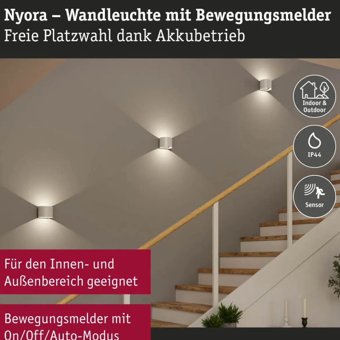 Paulmann 71285 LED Akku Wandleuchte Nyora rund IP44 3000K weiß Bewegungsmelder