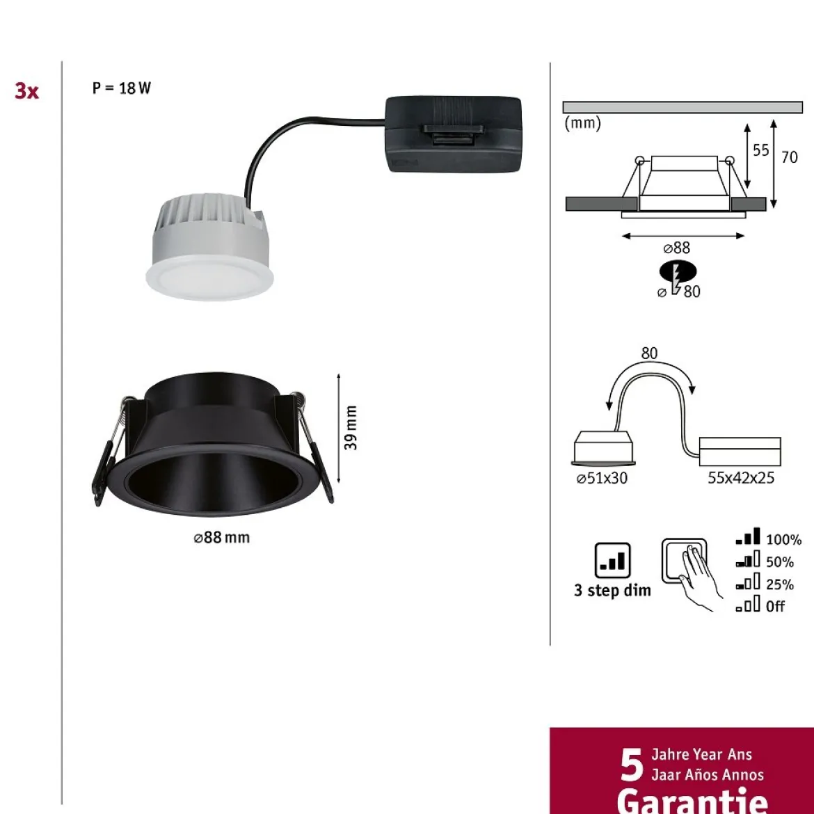 Paulmann 94869 LED Cole Coin Basisset 3er-Set 2700K schwarz 3-Step-Dim IP44