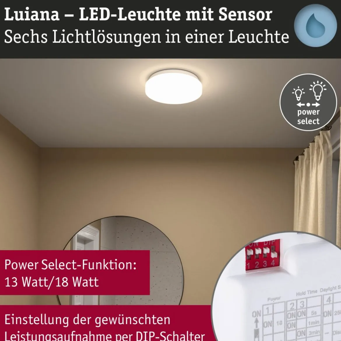 Paulmann 75409 LED Deckenleuchte Luiana Bewegungsmelder 3000-5700K IP44 Weiß