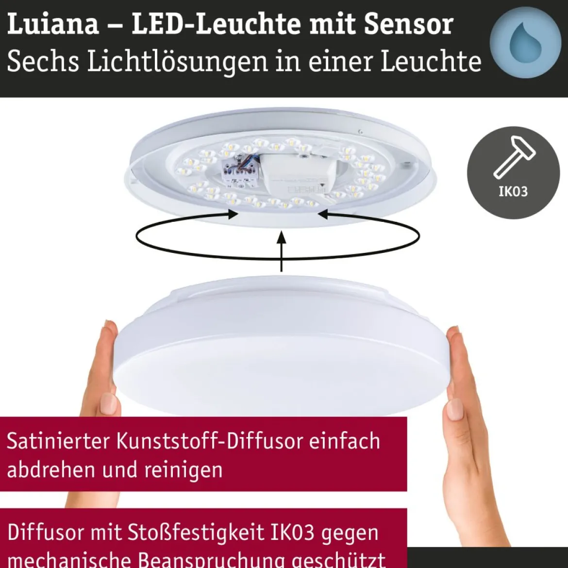Paulmann 75409 LED Deckenleuchte Luiana Bewegungsmelder 3000-5700K IP44 Weiß