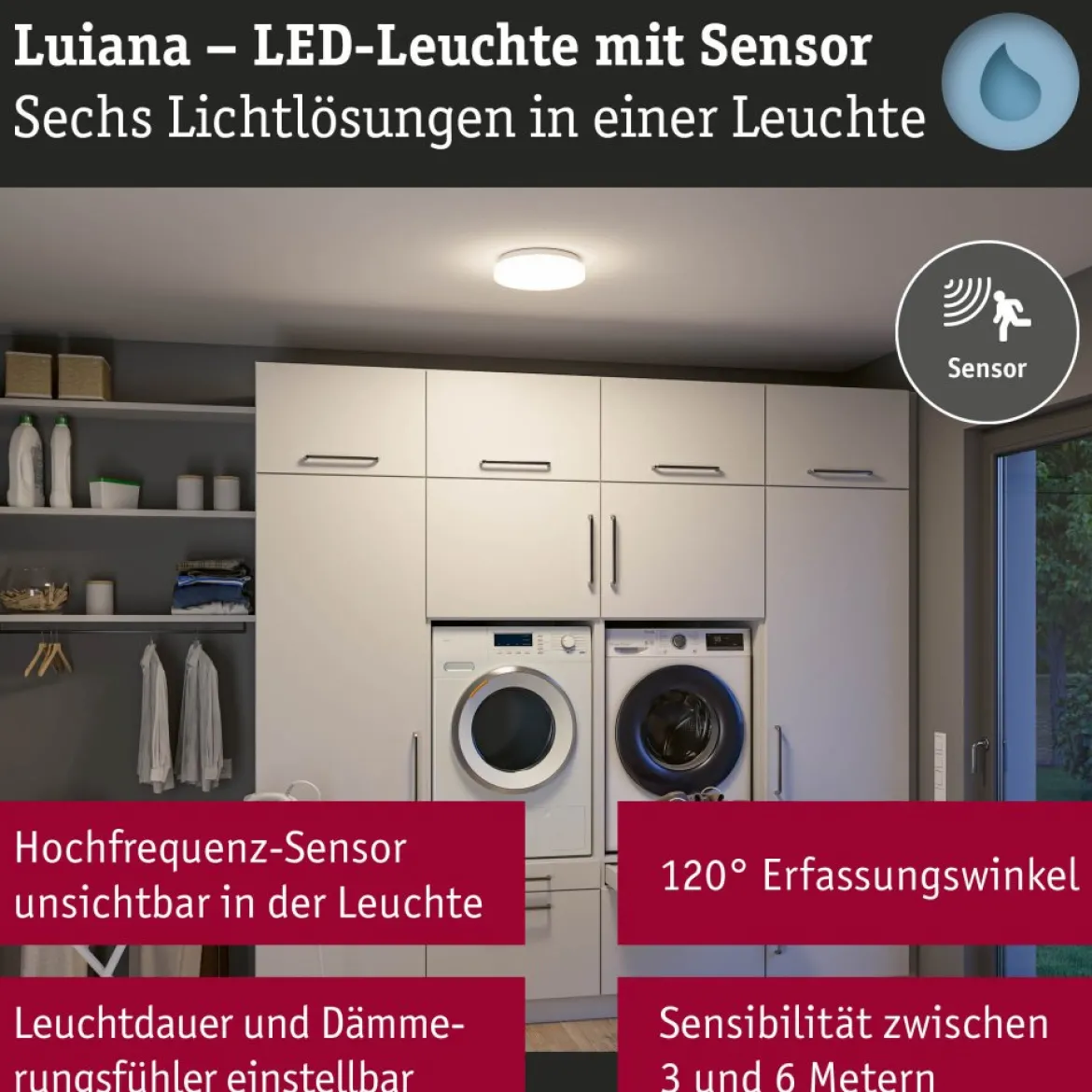 Paulmann 75409 LED Deckenleuchte Luiana Bewegungsmelder 3000-5700K IP44 Weiß