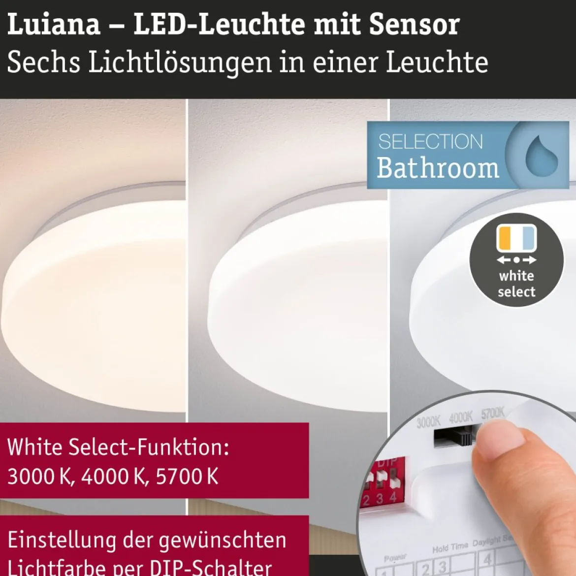 Paulmann 75409 LED Deckenleuchte Luiana Bewegungsmelder 3000-5700K IP44 Weiß