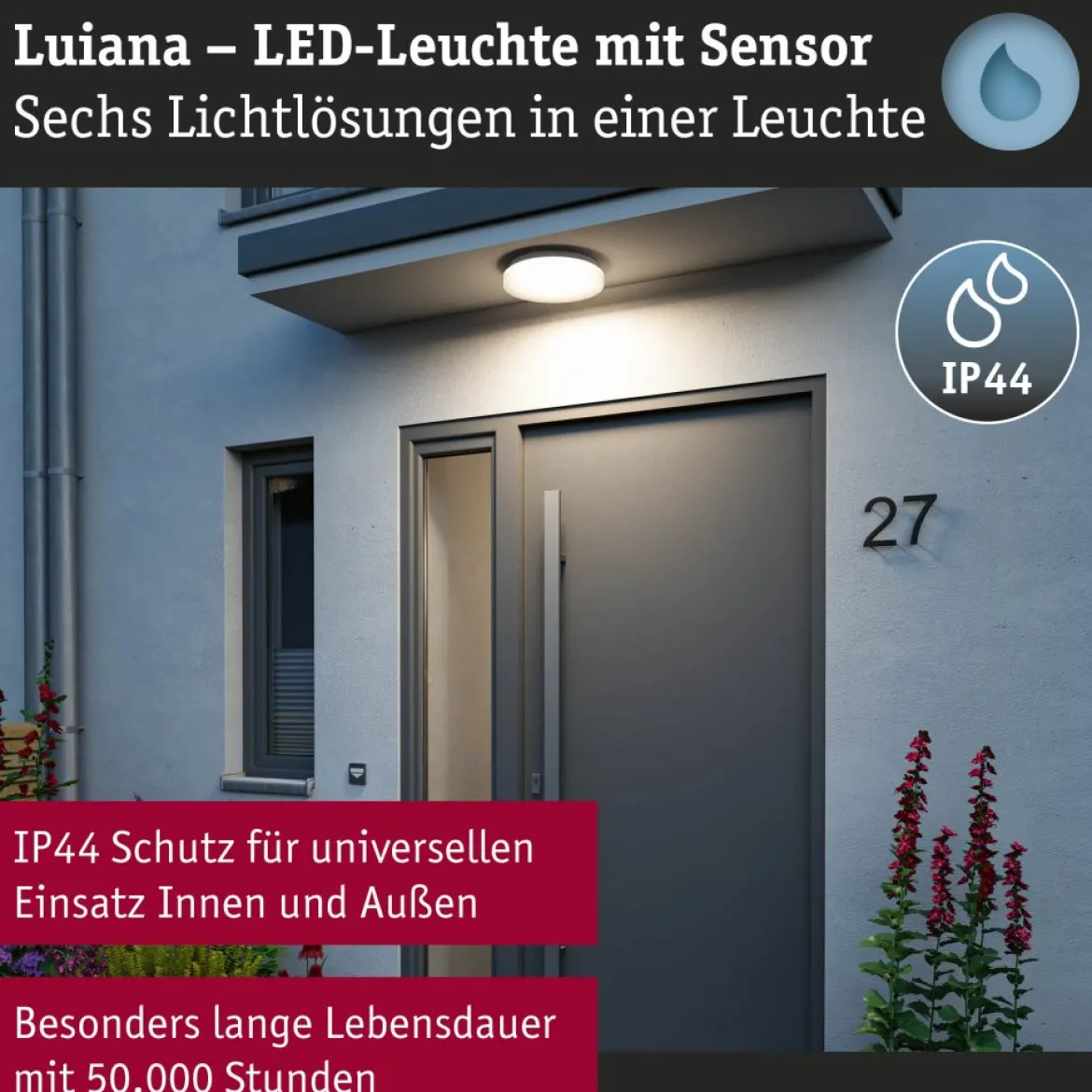 Paulmann 75409 LED Deckenleuchte Luiana Bewegungsmelder 3000-5700K IP44 Weiß
