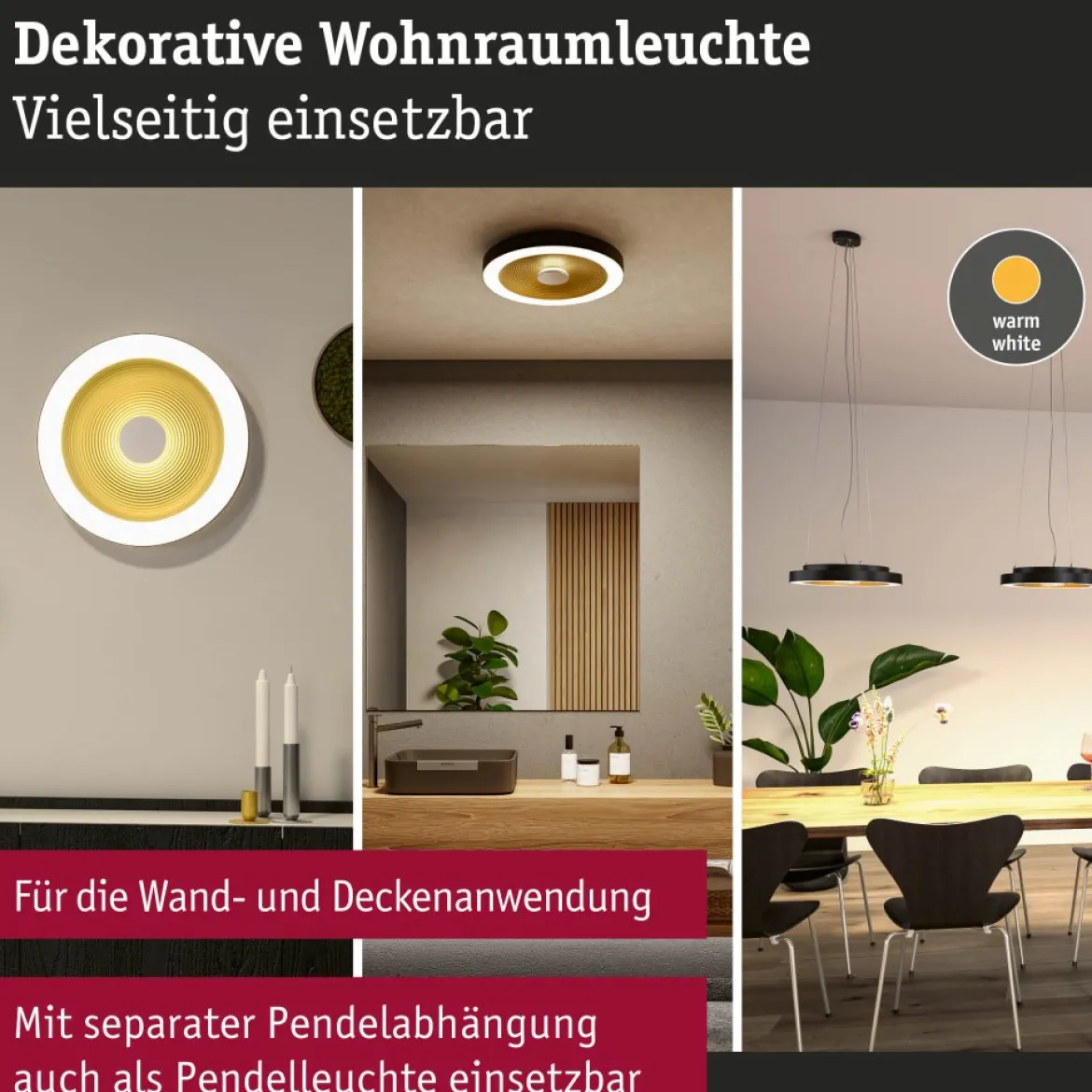 Paulmann 71180 LED Deckenleuchte Volea 40cm 3000K dimmbar Schwarz Gold IP44
