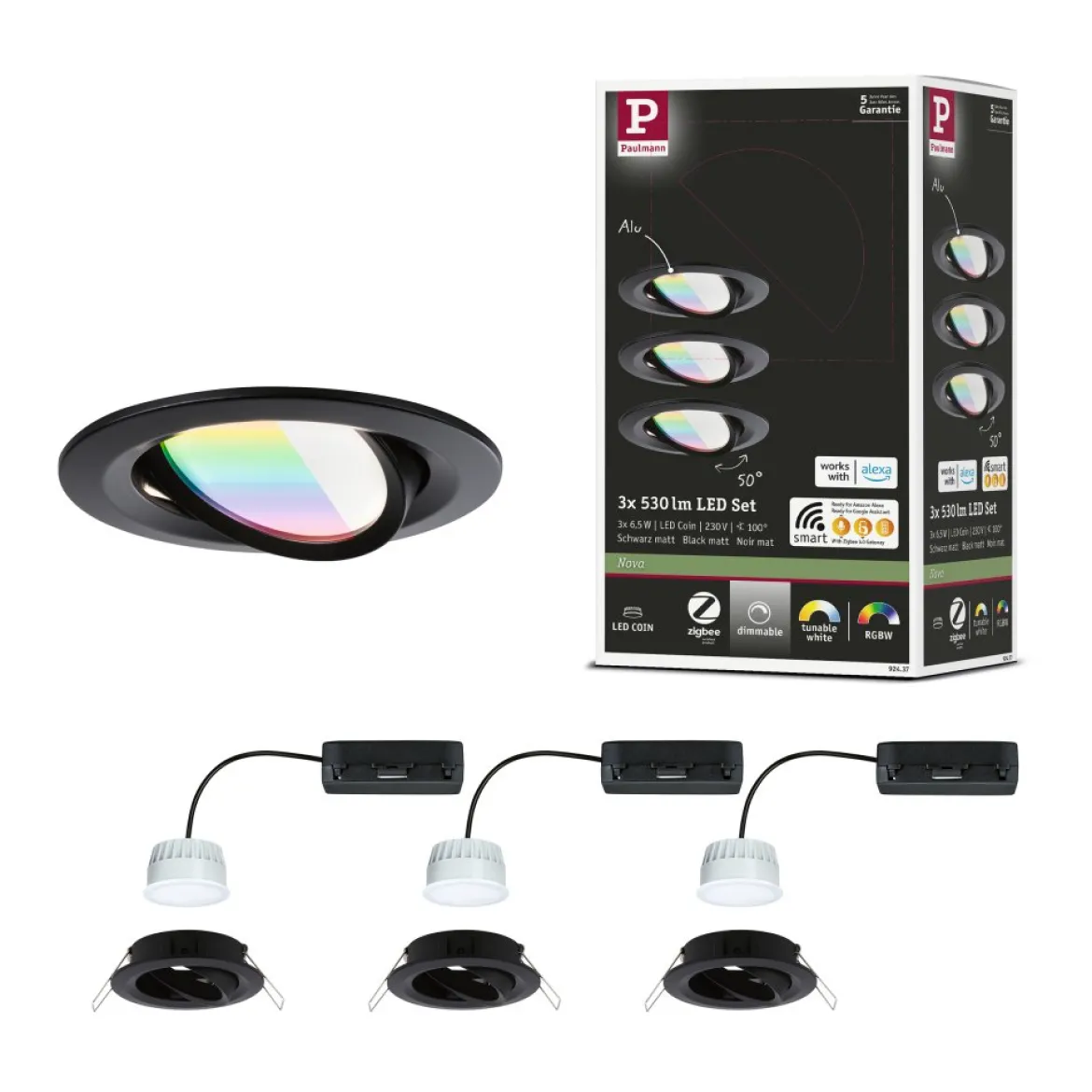 Paulmann 92437 LED Einbauleuchte Nova Coin 3er-Set Zigbee RGBW Schwarz matt