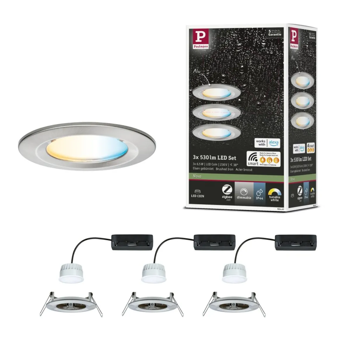 Paulmann 92443 LED Einbauleuchte Nova Coin 3er-Set Zigbee Tunable White Eisen gebürstet IP44