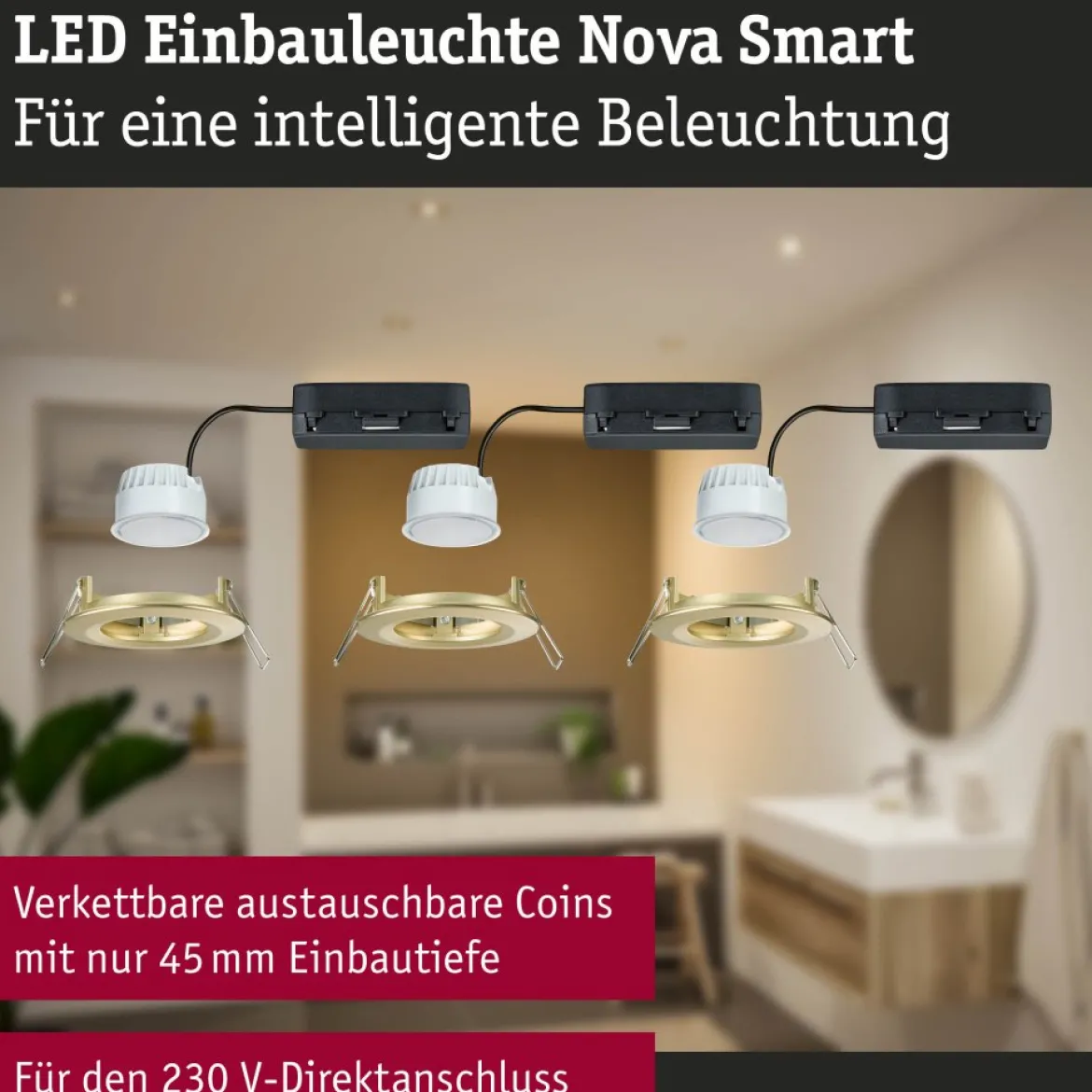 Paulmann 92445 LED Einbauleuchte Nova Coin 3er-Set Zigbee Tunable White Gold matt IP44