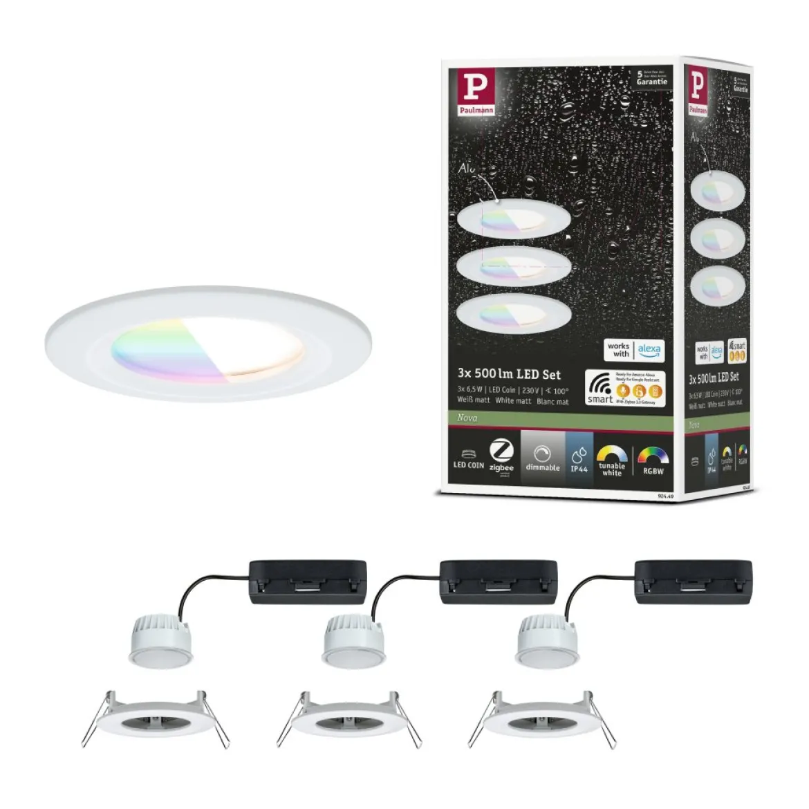 Paulmann 92449 LED Einbauleuchte Nova Coin 3er-Set Zigbee RGBW Weiß matt IP44