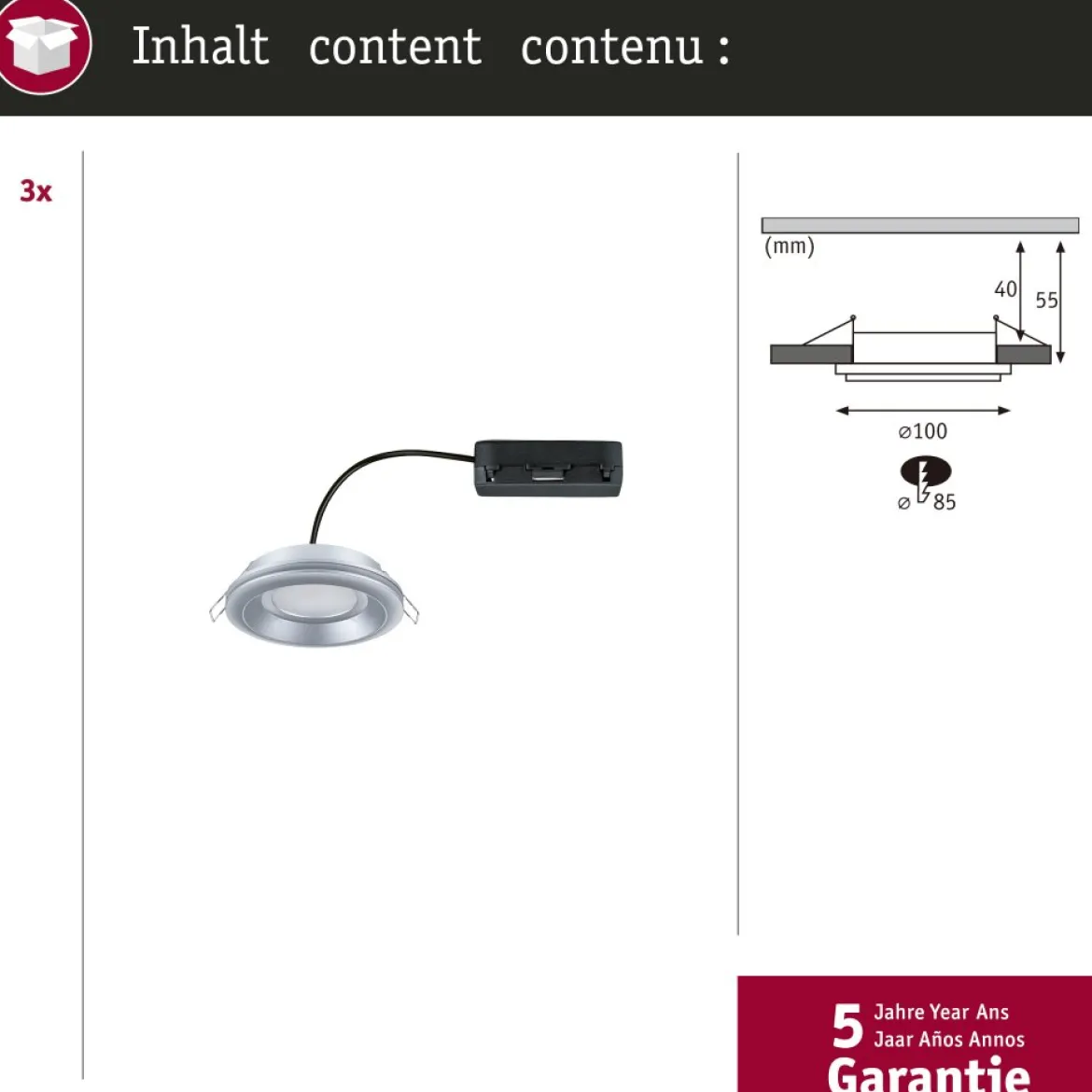 Paulmann 92250 LED Einbauleuchte Sormus 10cm 3er-Set IP65 rund chrom