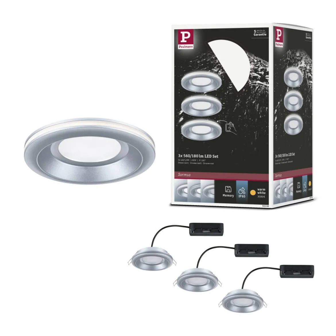 Paulmann 92250 LED Einbauleuchte Sormus 10cm 3er-Set IP65 rund chrom