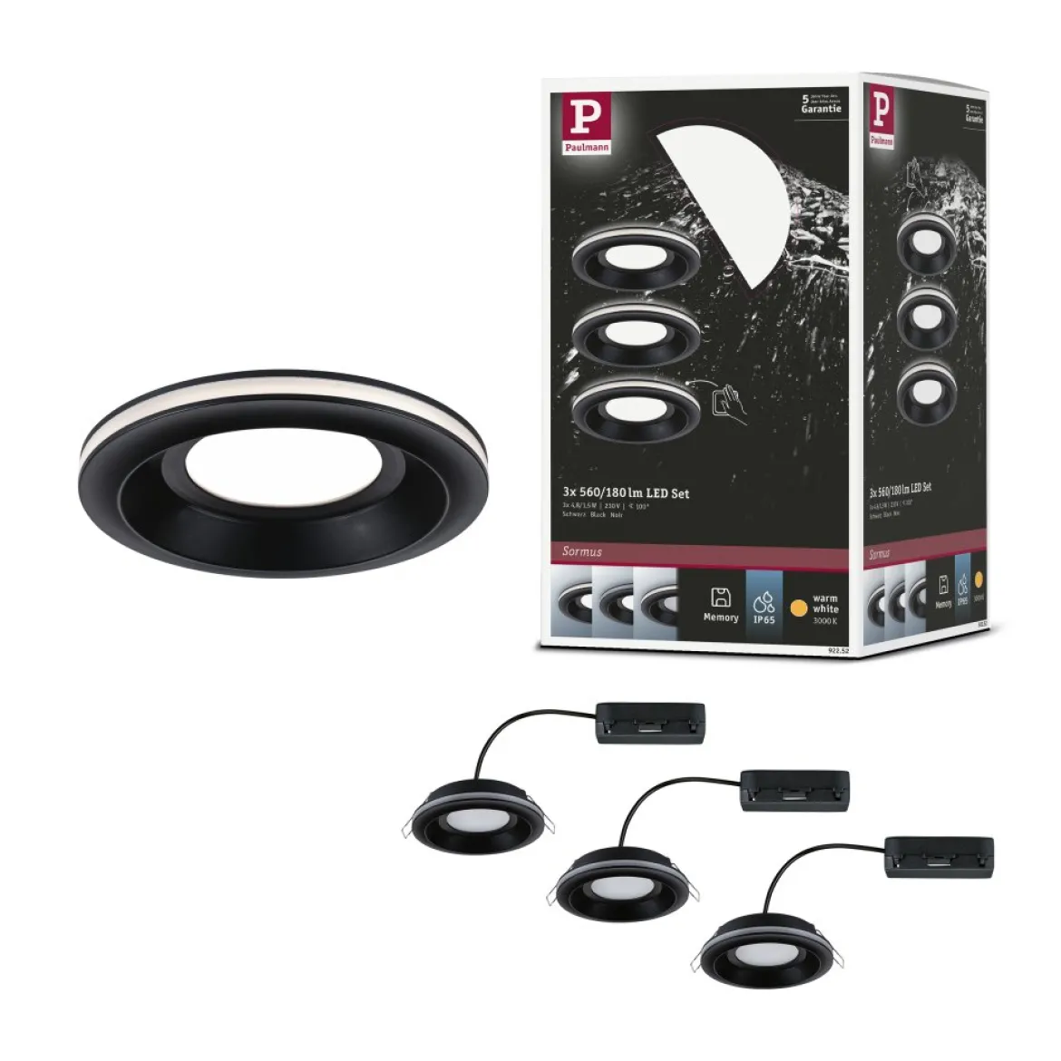 Paulmann 92252 LED Einbauleuchte Sormus 10cm 3er-Set IP65 rund schwarz