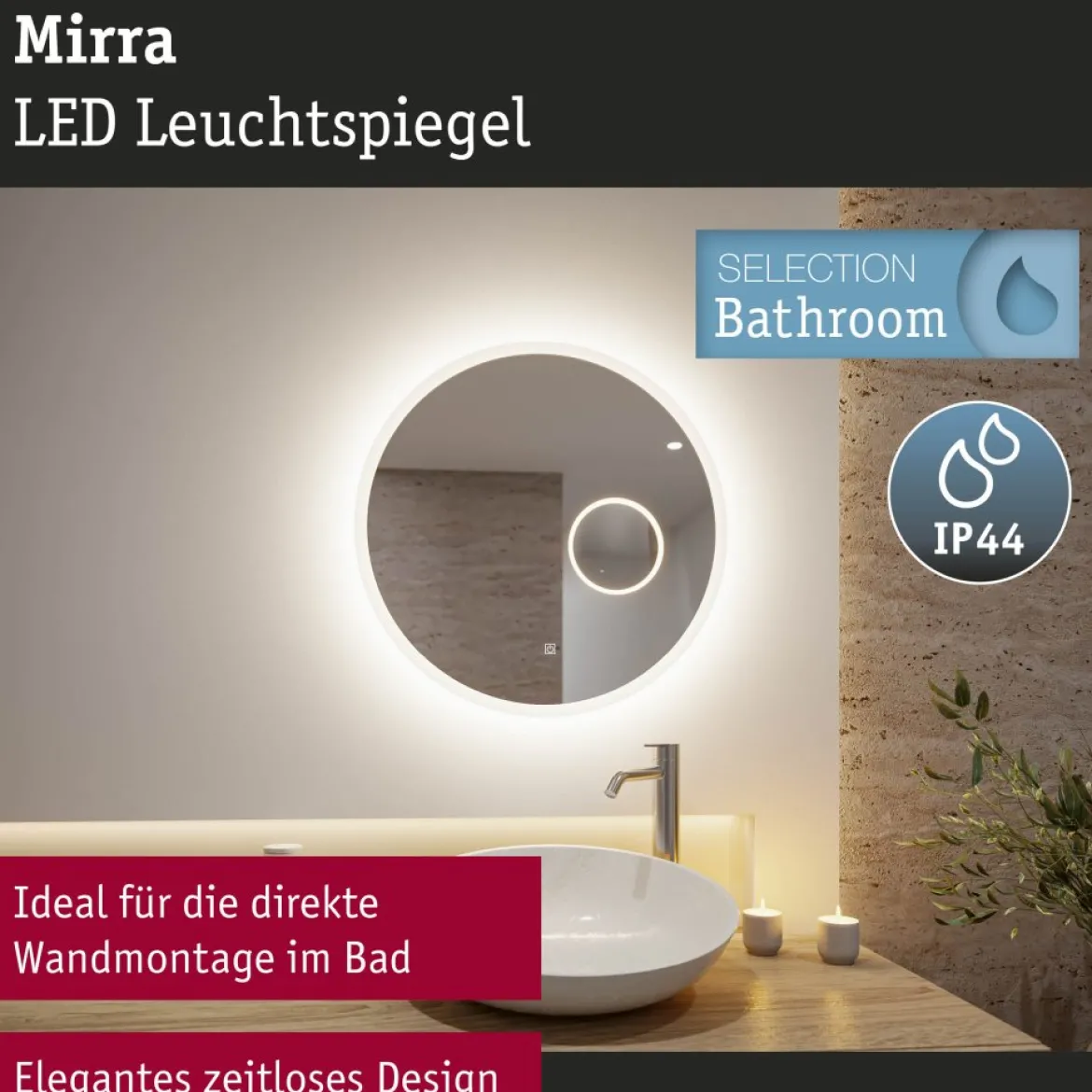 Paulmann 70539 LED Leuchtspiegel Mirra 60cm rund mit Kosmetikspiegel dimmbar