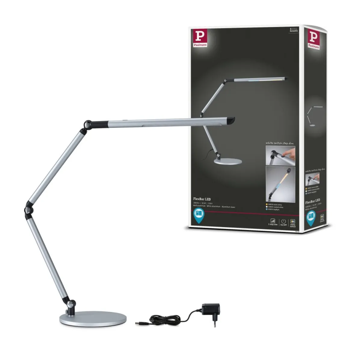 Paulmann 79562 LED Schreibtischleuchte FlexBar Silber 3-Step-Dim WhiteSwitch