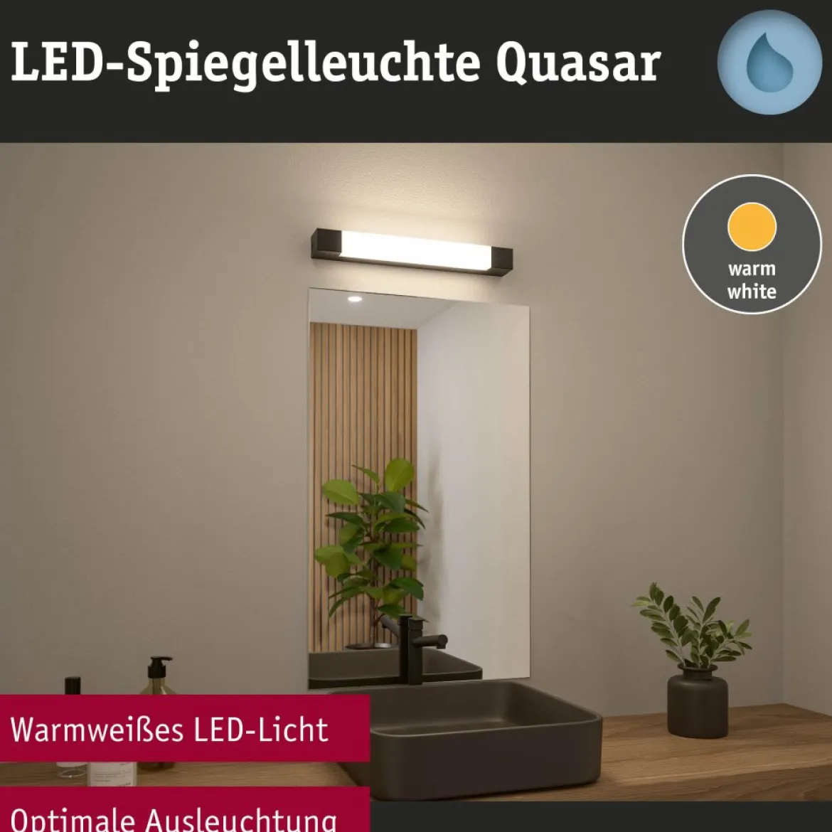 Paulmann 71216 LED Spiegelleuchte Quasar 40cm 3000K Schwarz IP44