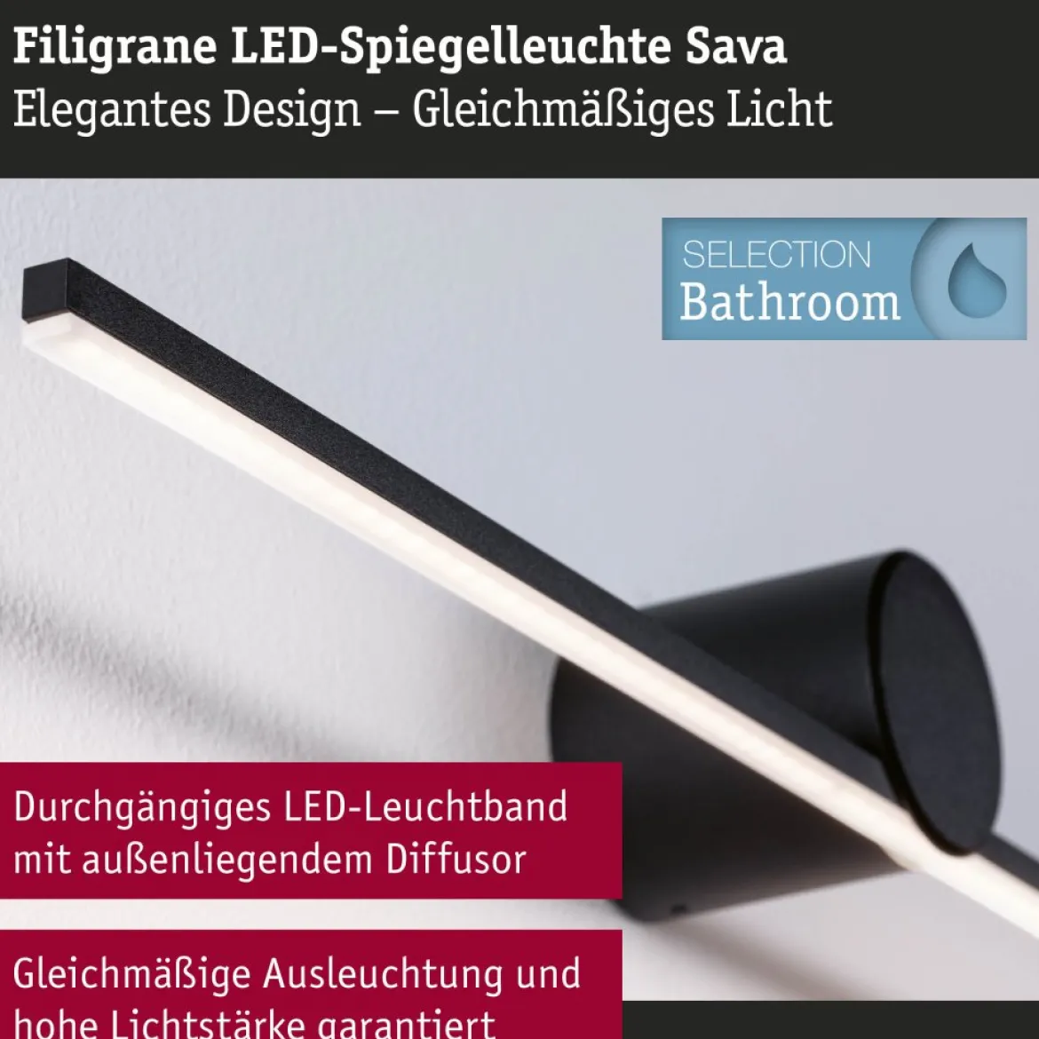 Paulmann 75411 LED Spiegelleuchte Sava 60cm 3000K Schwarz IP44