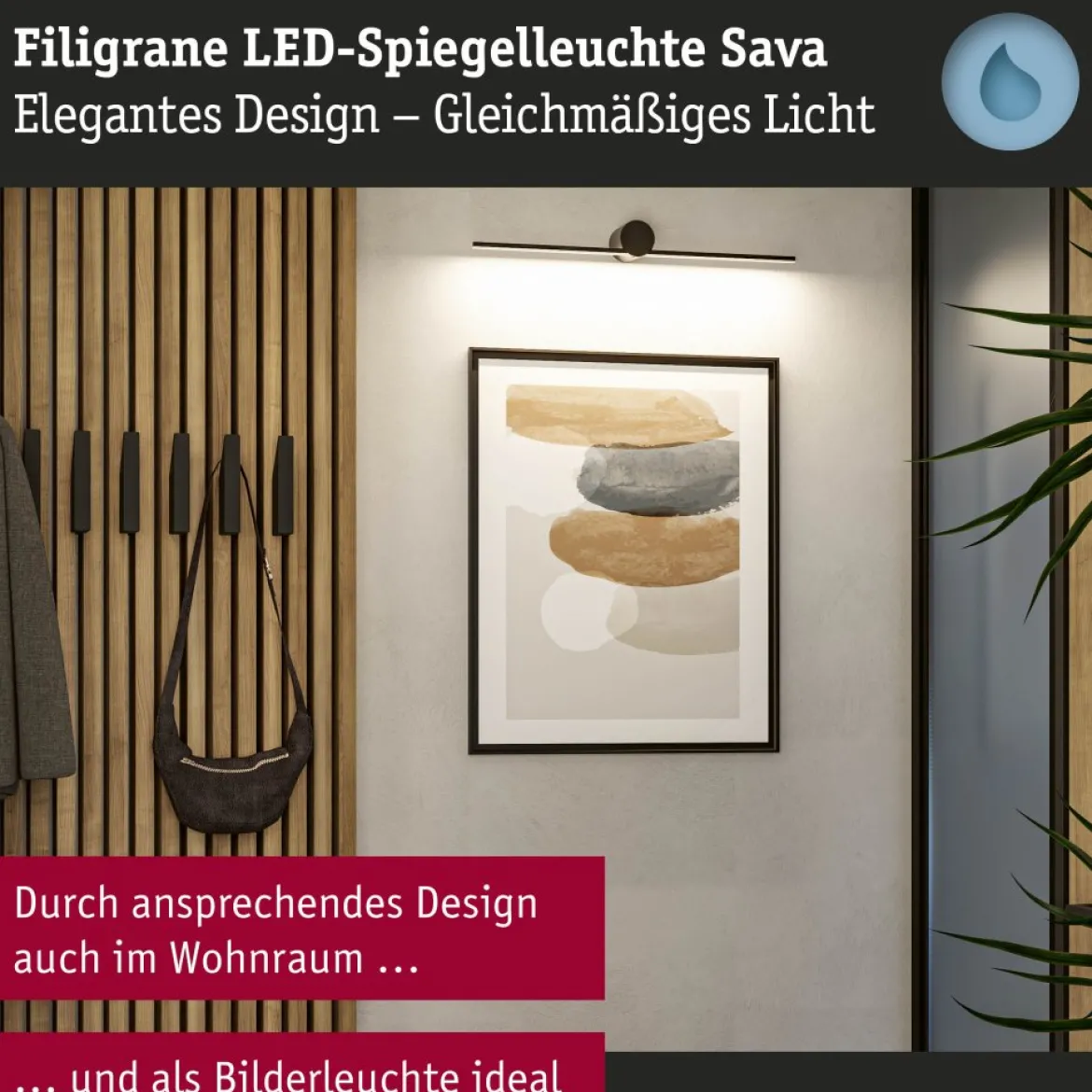 Paulmann 75411 LED Spiegelleuchte Sava 60cm 3000K Schwarz IP44