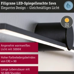 Paulmann 75410 LED Spiegelleuchte Sava 30cm 3000K Schwarz IP44