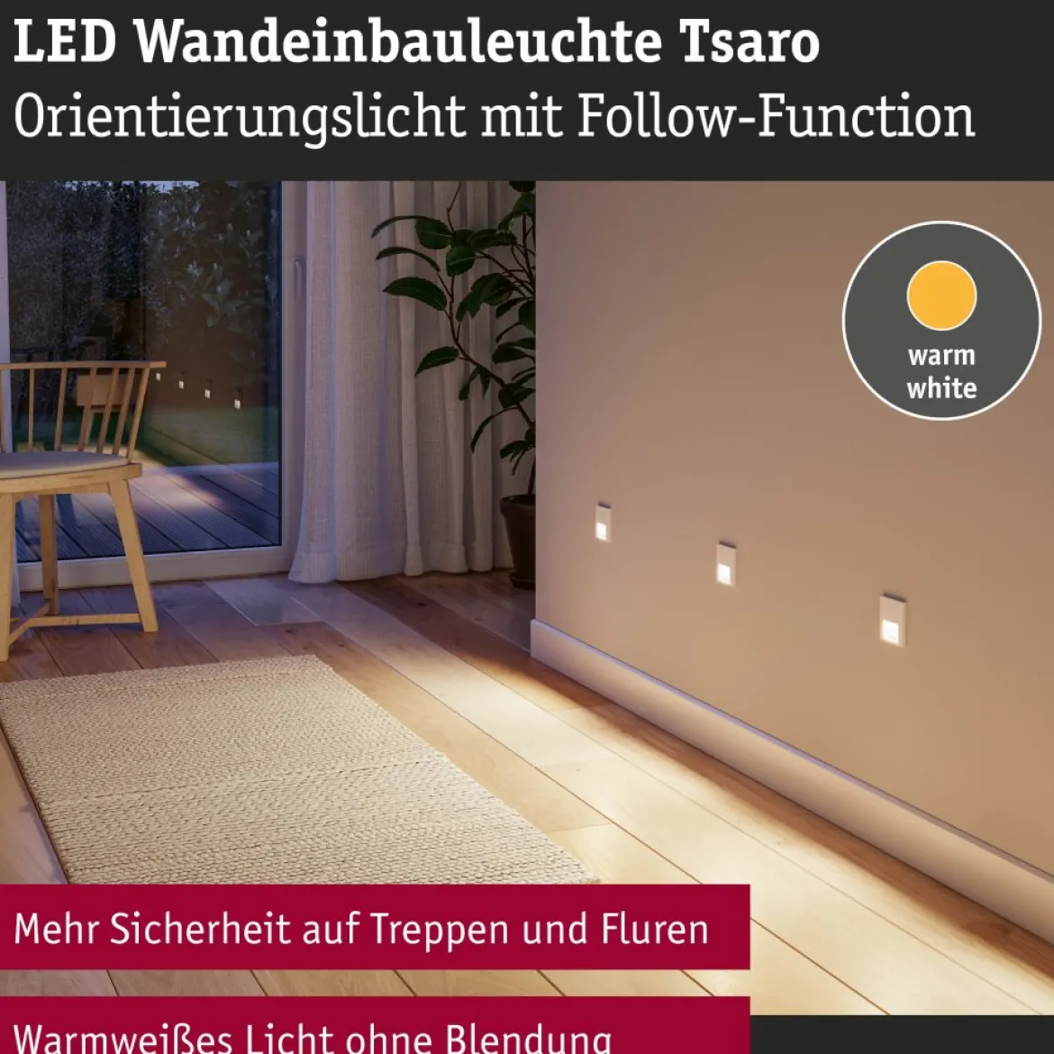 Paulmann 79999 LED Wandeinbauleuchte Tsaro eckig 80x36mm 2700K Weiß