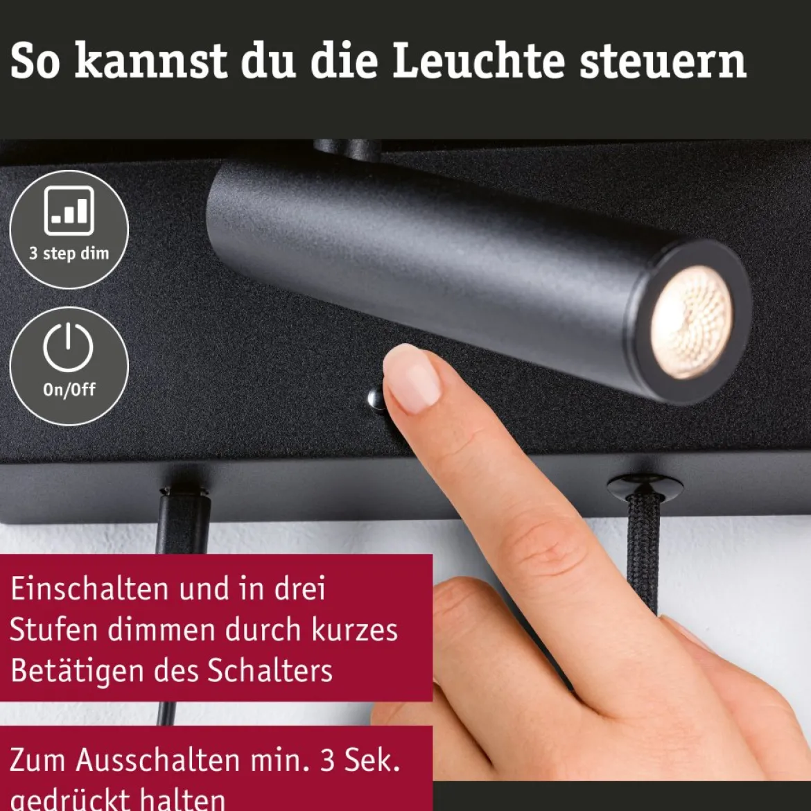 Paulmann 71107 LED Wandleuchte Jerik USB C 3000K 3-Step-Dim Schwarz