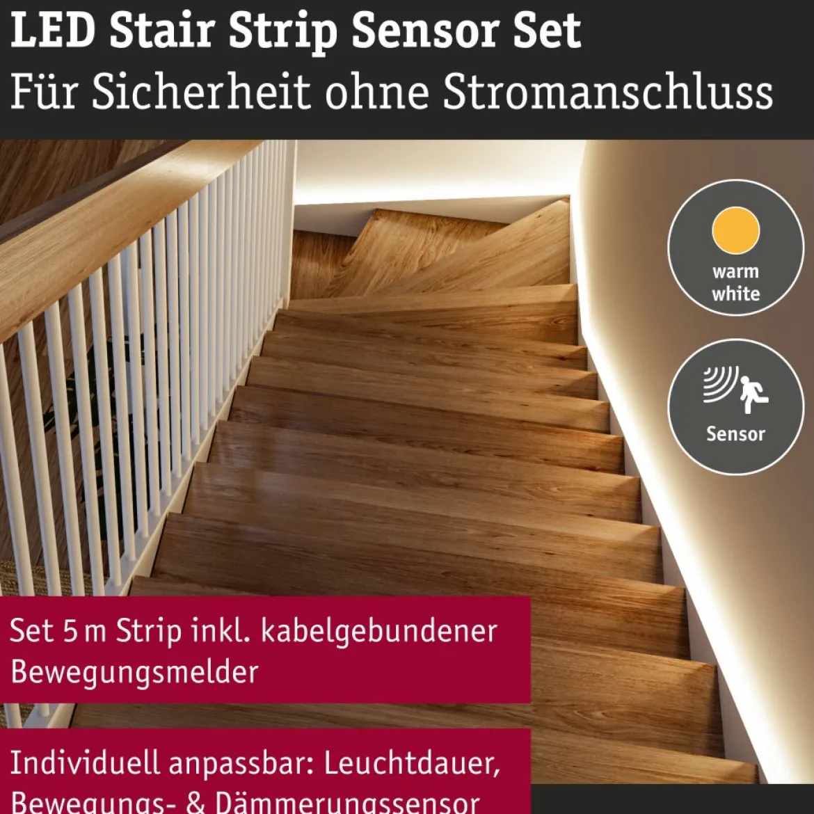 Paulmann 71120 MaxLED Stair LED Strip Sensor Akku-Set 5m Bewegungsmelder Weiß