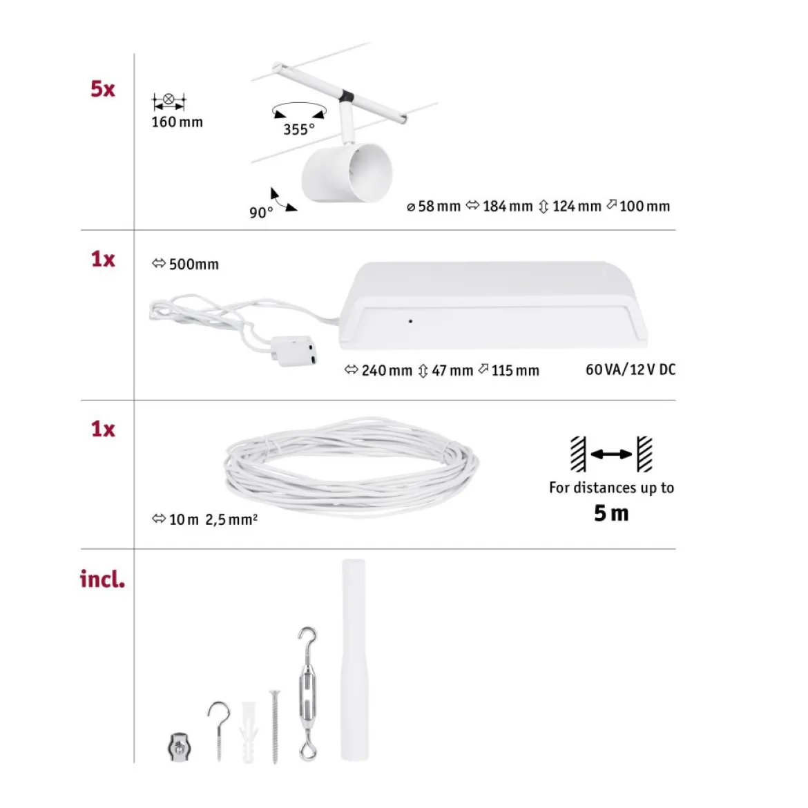 Paulmann No. 94467 Seilsystem Cup Basisset Weiß 5x max.10W DC 60VA