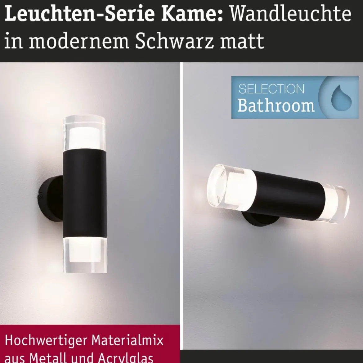 Paulmann 79560 Selection Bathroom LED Wandleuchte Kame 2-flammig 3000K Schwarz IP44