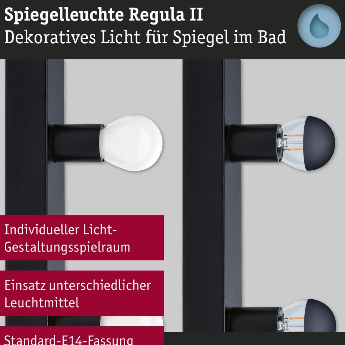 Paulmann 80097 Spiegelleuchte Regula II 3-flammig E14 Schwarz IP44