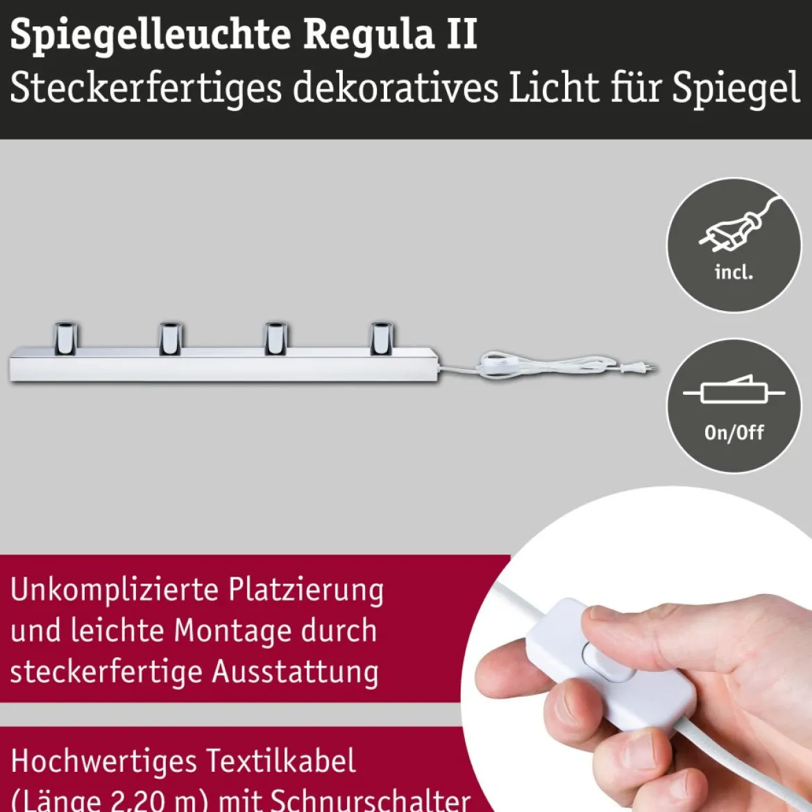 Paulmann 80100 Spiegelleuchte Regula II Stecker 4-flammig E14 Chrom IP44