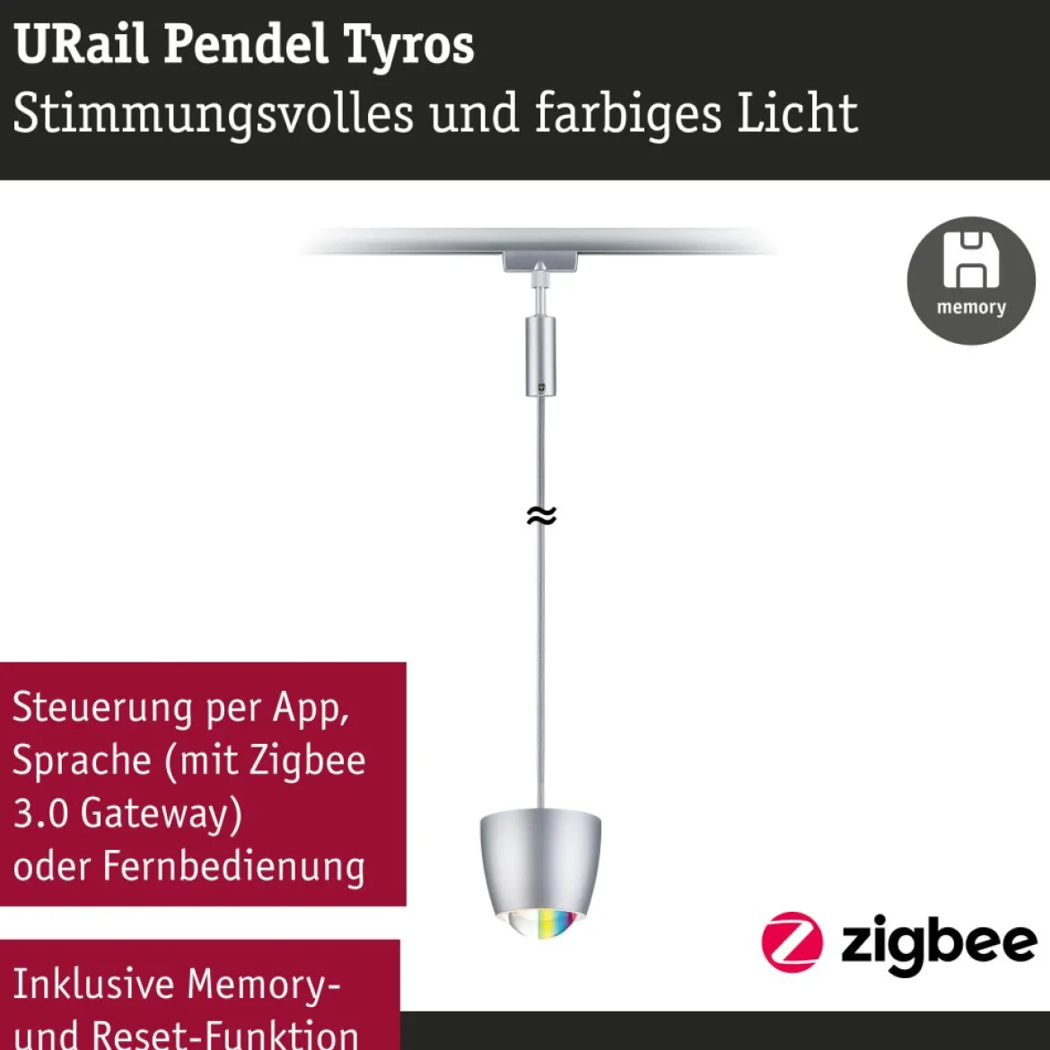 Paulmann 95682 URail LED Pendel Tyros Zigbee RGBW 230V Chrom matt