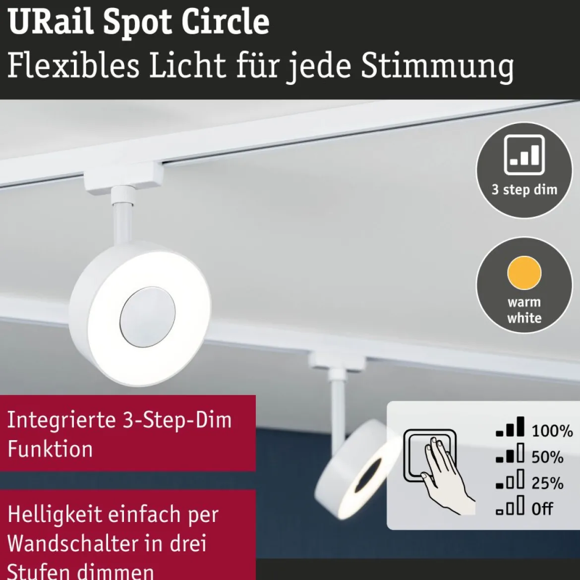 Paulmann 95703 URail LED Schienenspot Circle 3000K 3-Step-Dim 230V Signalweiß