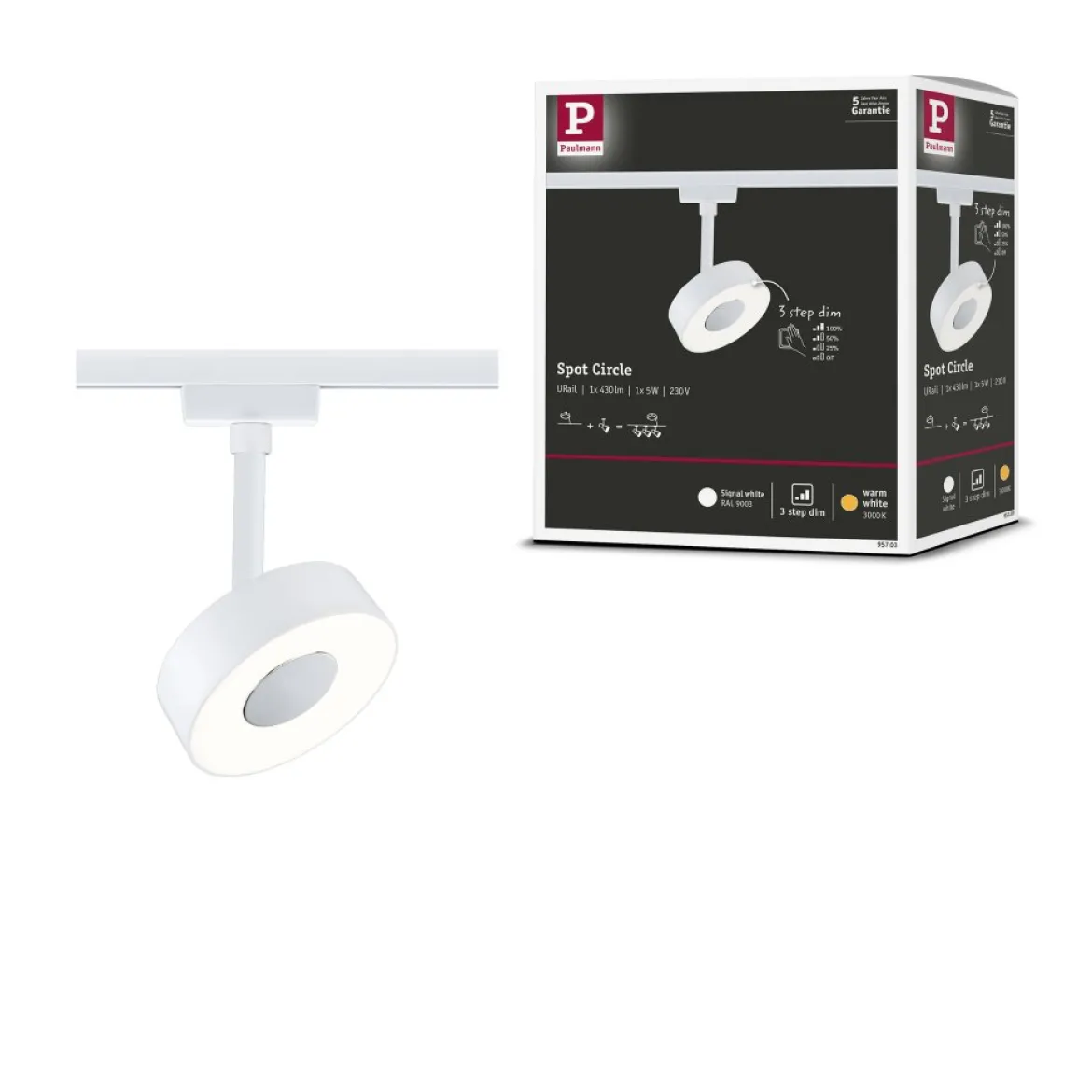 Paulmann 95703 URail LED Schienenspot Circle 3000K 3-Step-Dim 230V Signalweiß