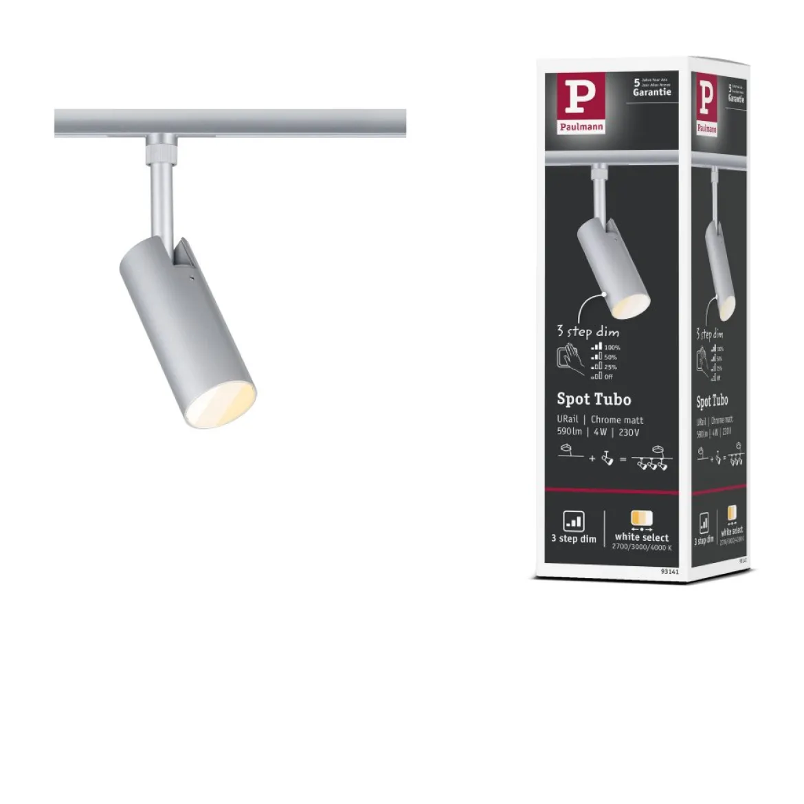 Paulmann 93141 URail LED Schienenspot Tubo 3-Step-Dim 2700-4000K Chrom matt