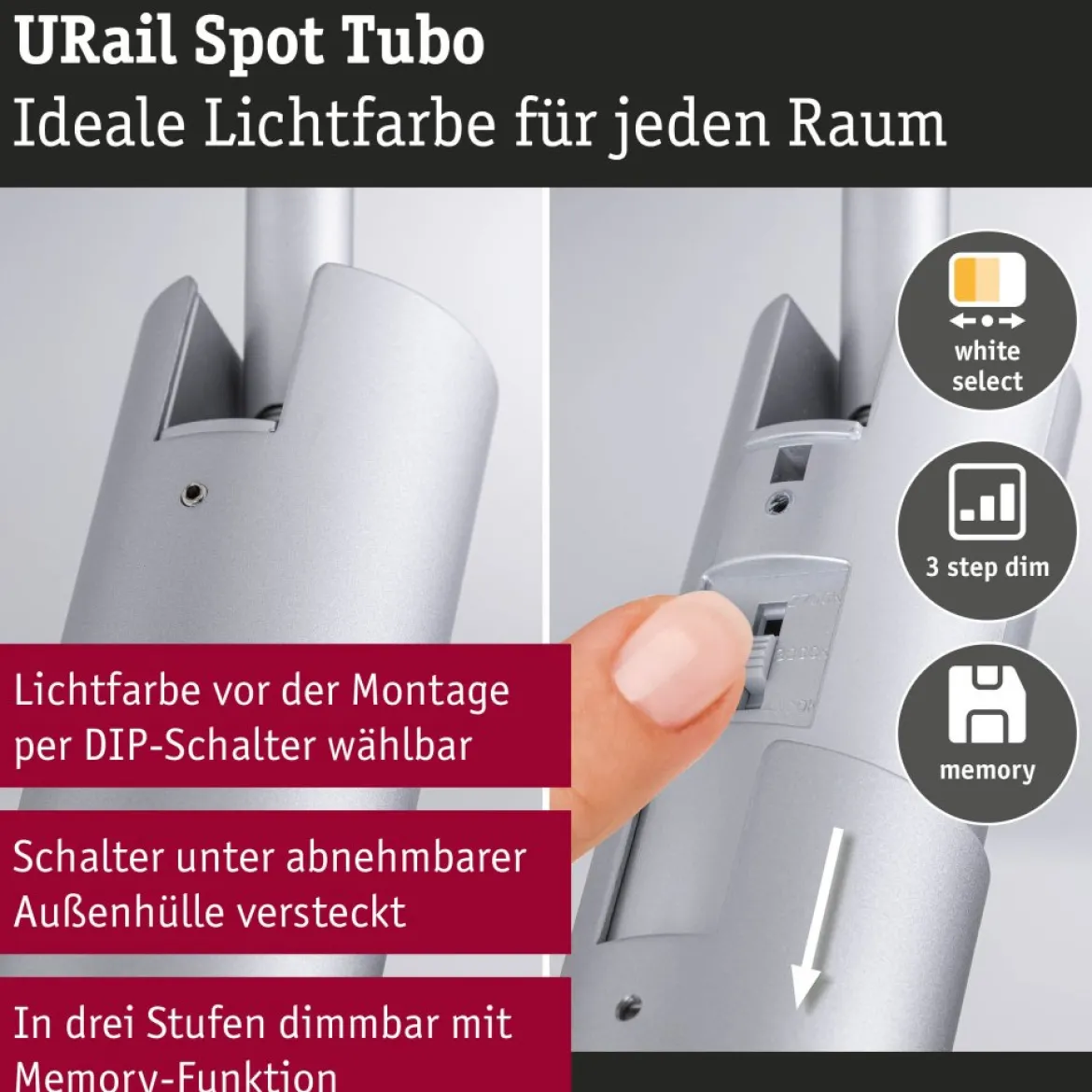 Paulmann 93141 URail LED Schienenspot Tubo 3-Step-Dim 2700-4000K Chrom matt
