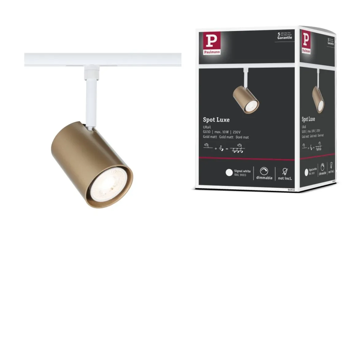 Paulmann 94916 URail Schienenspot Luxe GU10 max. 10W 230V Gold matt Signalweiß