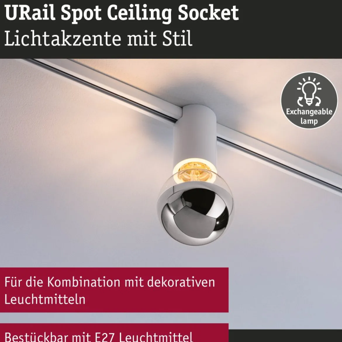Paulmann 95702 URail Schienenspot Socket E27 max. 20W dimmbar 230V Signalweiß