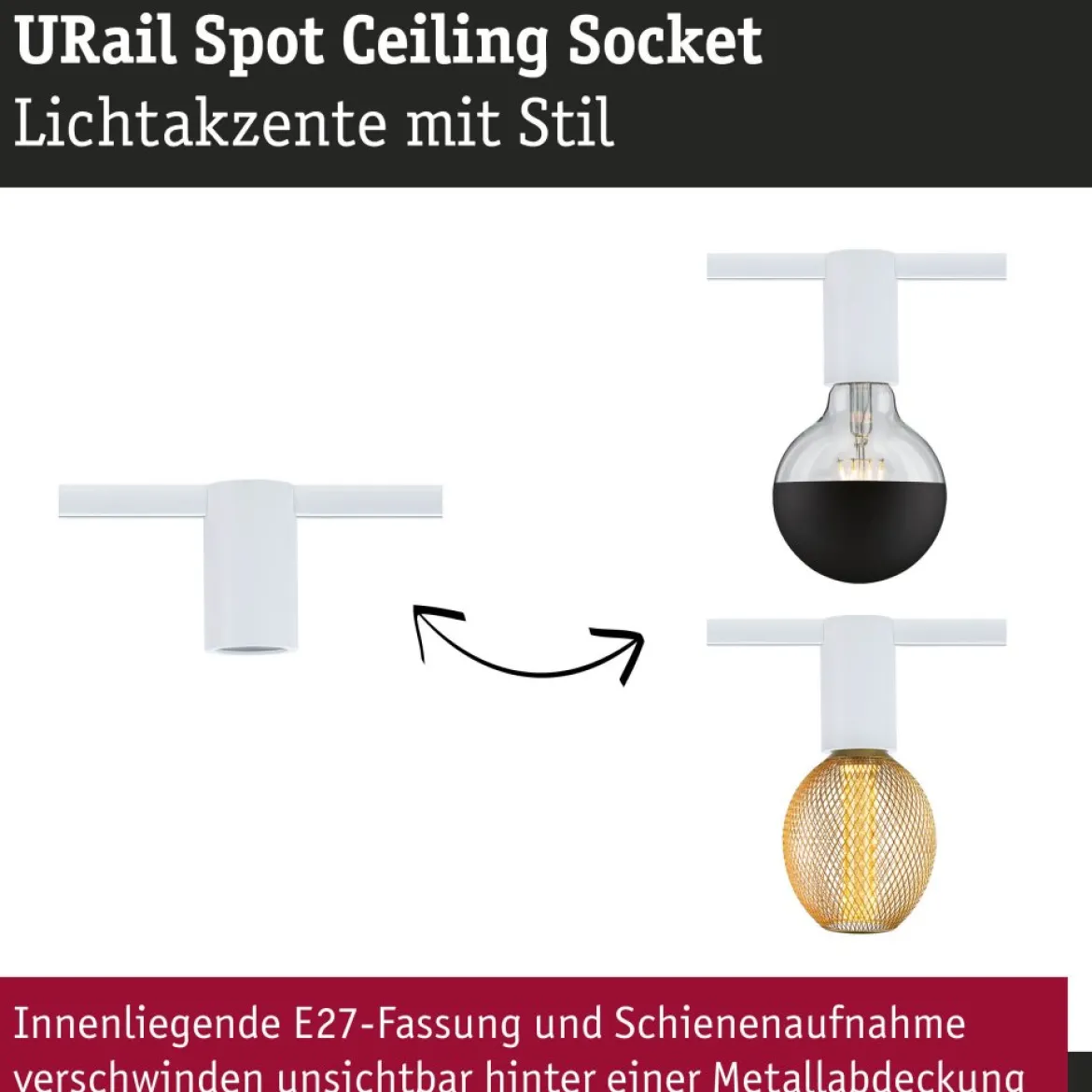Paulmann 95702 URail Schienenspot Socket E27 max. 20W dimmbar 230V Signalweiß