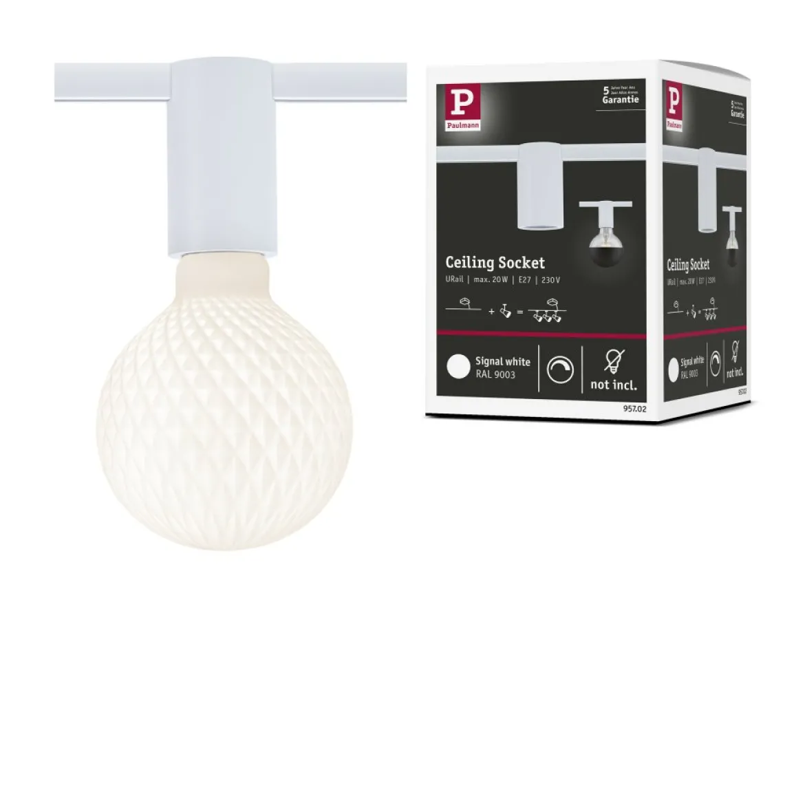 Paulmann 95702 URail Schienenspot Socket E27 max. 20W dimmbar 230V Signalweiß