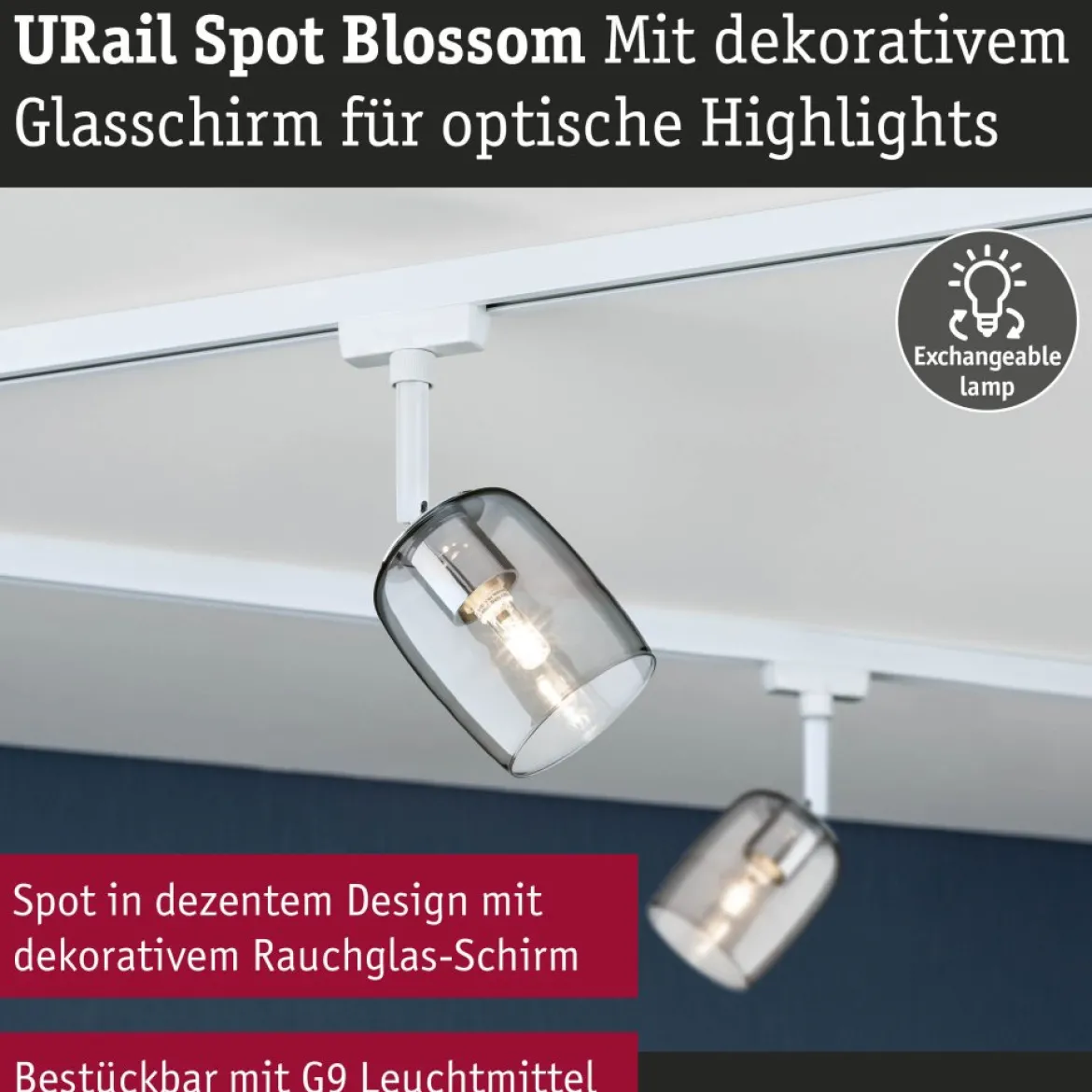 Paulmann 95700 URail Schienenspot Blossom G9 dimmbar 230V Signalweiß Rauchglas