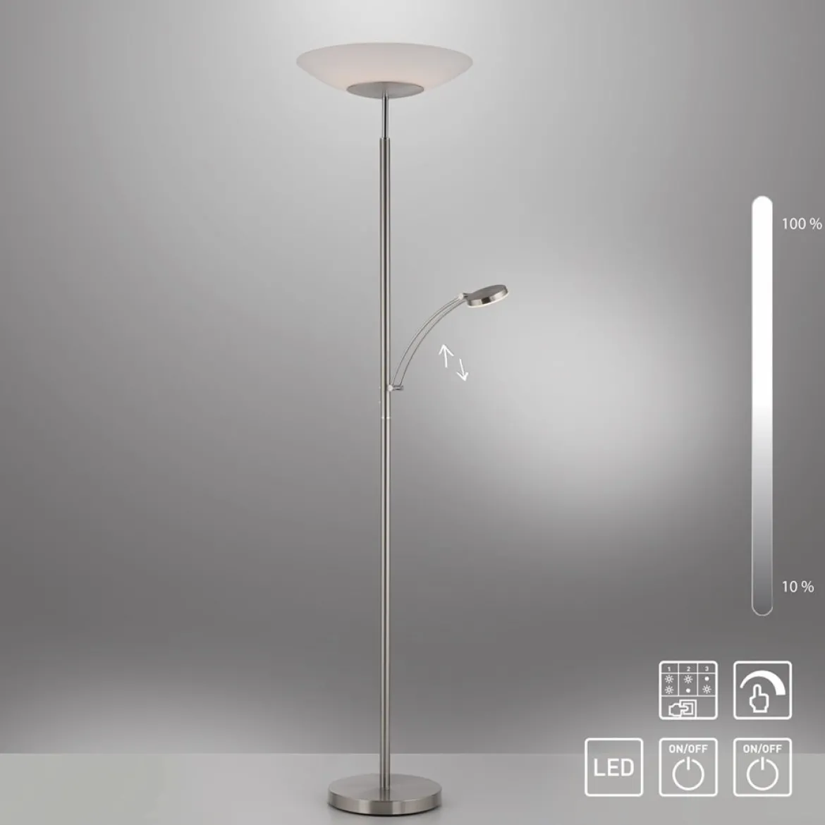 Paul Neuhaus 655-55 LED Deckenfluter mit Leseleuchte stahlfarben Dimmfunktion